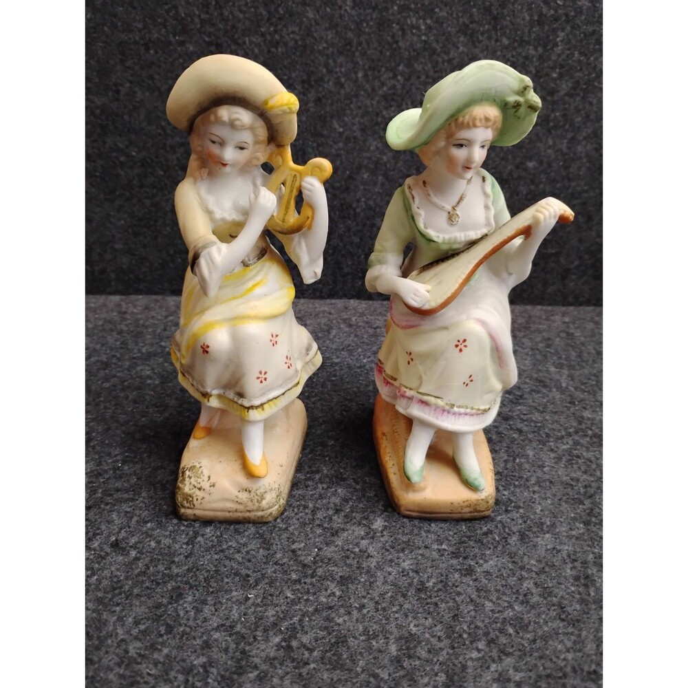 Halsey Woman Porcelain Figurines Mandolin Harp Instruments 2 Vintage 1950s